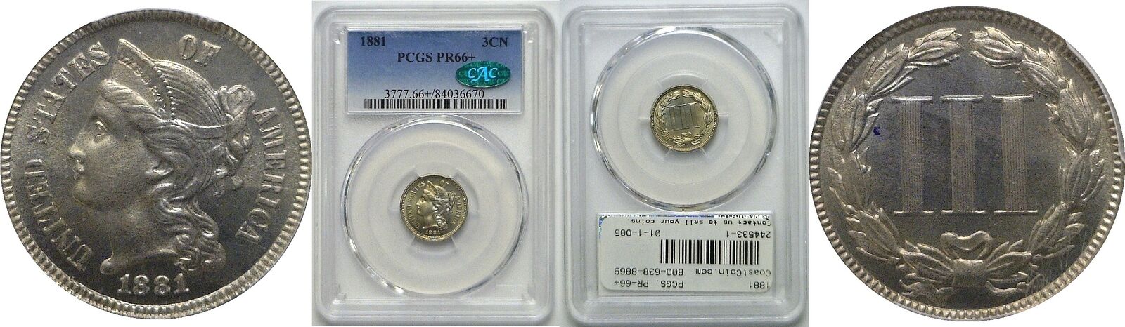 1881 3C Proof Nickel Three Cent Piece PCGS PR-66+ CAC