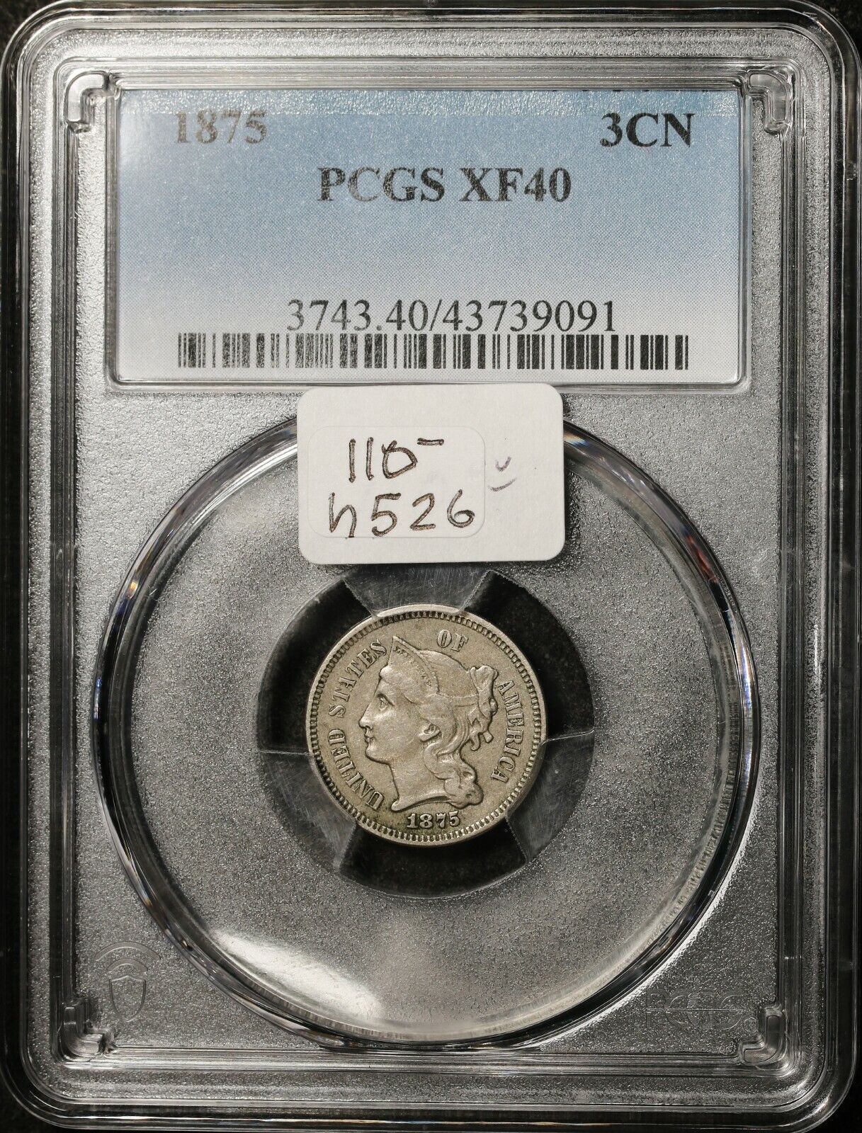 1875 Three Cent Nickel.  In PCGS Holder.  XF40.   h526