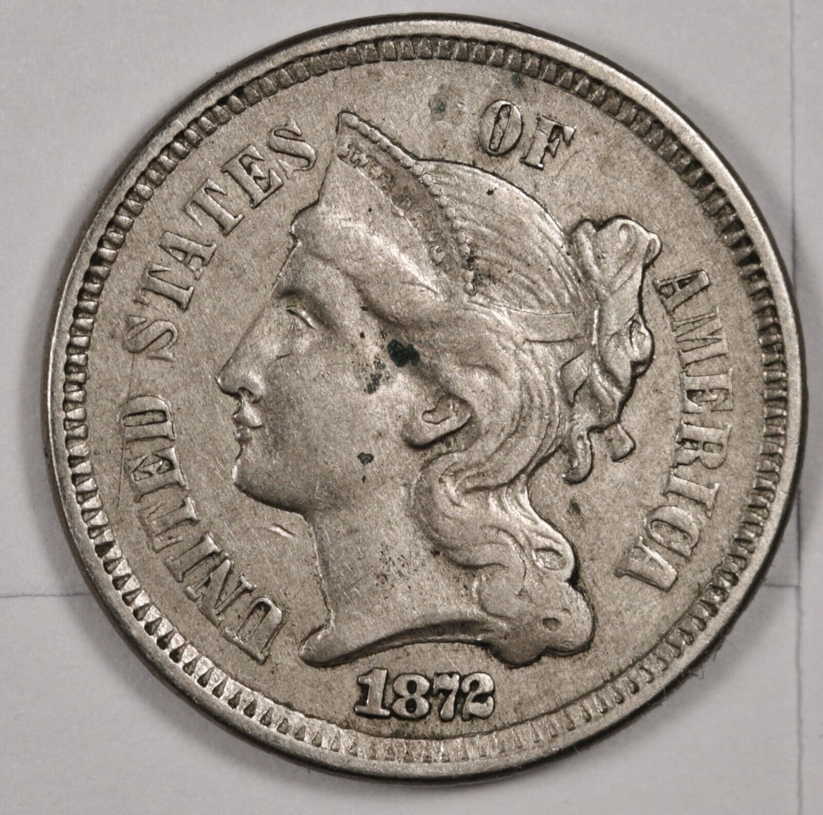 1872 Three Cent Nickel.  Natural Uncleaned.  AU.  176730
