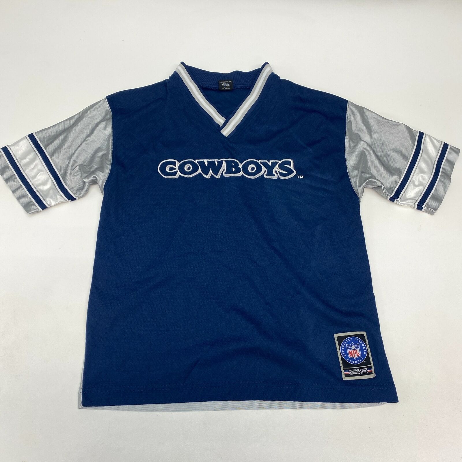 Nfl Dallas Cowboys Jersey Youth L 14-16 Short Sleeve Navy Gray V Neck Polyester
