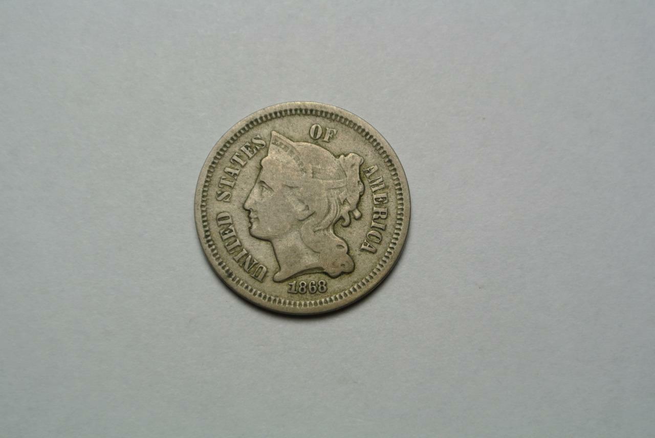 1868 Three, 3 Cent Nickel, VF Condition - C4235